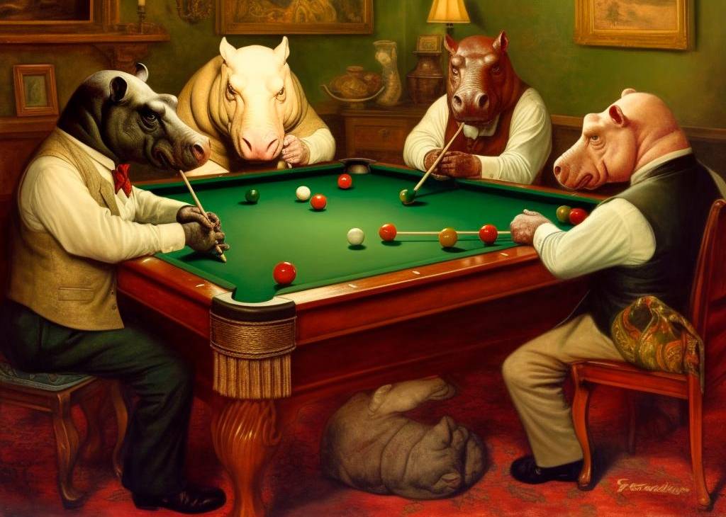 Esta imagen Camilo Restrepo la generó en IA, imitando el afiche de Casius Marcelus, Perritos jugando billar.