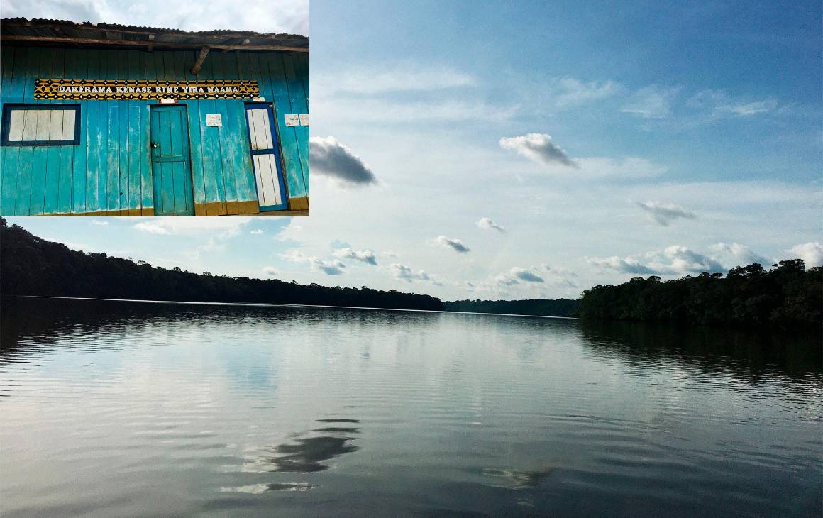 Raudal de Jirijirimo en el río Apaporis, uno de los lugares más sagrados para los Tucano. En la fachada de una escuela se lee en barasano: “Los niños hacen todo bien”. Fotos: Andrea Mejía.