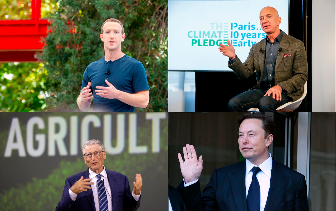 De izq. a der. Mark Zuckerberg, fundador de Meta, Jeff Bezos, fundador de Amazon, Bill Gates, fundador de Microsoft y Elon Musk, fundador de SpaceX. Fotos: Getty.