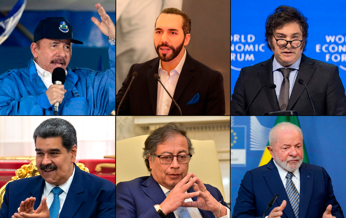De izq. a der. Daniel Ortega, presidente de Nicaragua, Nayib Bukele, presidente de El Salvador, Javier Milei, presidente de Argentina, Nicolás Maduro, presidente de Venezuela, Gustavo Petro, presidente de Colombia y Lula Da Silva, presidente de Brasil. Fotos Getty y AFP.