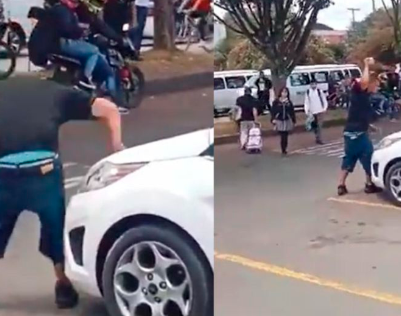 En video: Hombre golpeó a su esposa y le destruyó el carro en frente del colegio de sus hijas