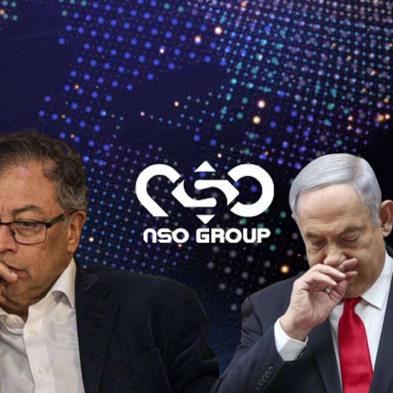 Presidente de Colombia, Gustavo Petro; logo de NSO Group, la empresa señalada por el presidente Gustavo Petro de supuesta venta de ‘software’ Pegasus a la Policía, y el primer ministro israelí Benjamín Netanyahu. Fotos: El Colombiano, cortesía, AFP