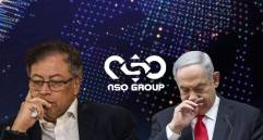 Presidente de Colombia, Gustavo Petro; logo de NSO Group, la empresa señalada por el presidente Gustavo Petro de supuesta venta de ‘software’ Pegasus a la Policía, y el primer ministro israelí Benjamín Netanyahu. Fotos: El Colombiano, cortesía, AFP