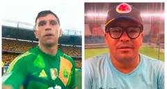 En la imagen aparece el Dibu Martínez al momento de la agresión, y también el camarógrafo enviándole su mensaje. FOTOS: IMÁGENES TOMADAS DE LA TRANSMISIÓN DEL GOL CARACOL Y DE X
