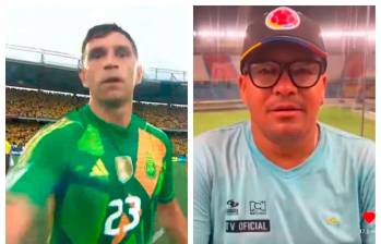 En la imagen aparece el Dibu Martínez al momento de la agresión, y también el camarógrafo enviándole su mensaje. FOTOS: IMÁGENES TOMADAS DE LA TRANSMISIÓN DEL GOL CARACOL Y DE X