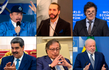 De izq. a der. Daniel Ortega, presidente de Nicaragua, Nayib Bukele, presidente de El Salvador, Javier Milei, presidente de Argentina, Nicolás Maduro, presidente de Venezuela, Gustavo Petro, presidente de Colombia y Lula Da Silva, presidente de Brasil. Fotos Getty y AFP.