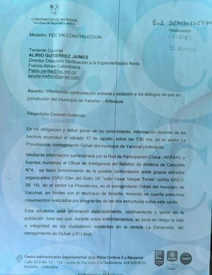 Esta fue una de las cartas enviadas la Comisión de Verificación sobre la situación que se vive por las confrontaciones de grupos armados implicados en el proceso de paz en Antioquia y que no han tenido respuesta. FOTO: CORTESÍA