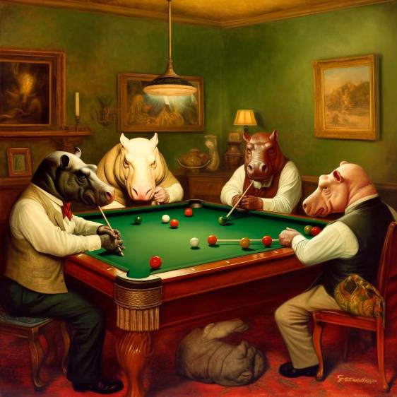 Esta imagen Camilo Restrepo la generó en IA, imitando el afiche de Casius Marcelus, Perritos jugando billar.