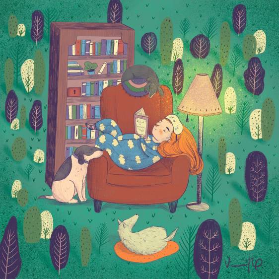 Ilustración de Valentina Toro / Título: Lectura en compañía. / Técnica: Dibujo digital.