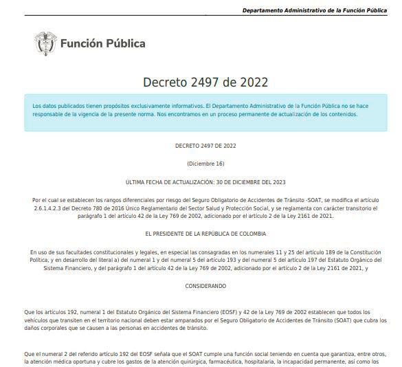 Decreto del Soat emitido en diciembre de 2022.