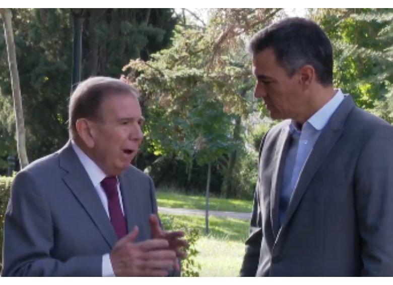 El opositor venezolano Edmundo González y el presidente español Pedro Sánchez se reunieron en el palacio de Moncloa, sede de la presidencia de España. FOTO: CAPTURA DE VIDEO X DE PEDRO SÁNCHEZ (@SANCHEZCASTEJON)
