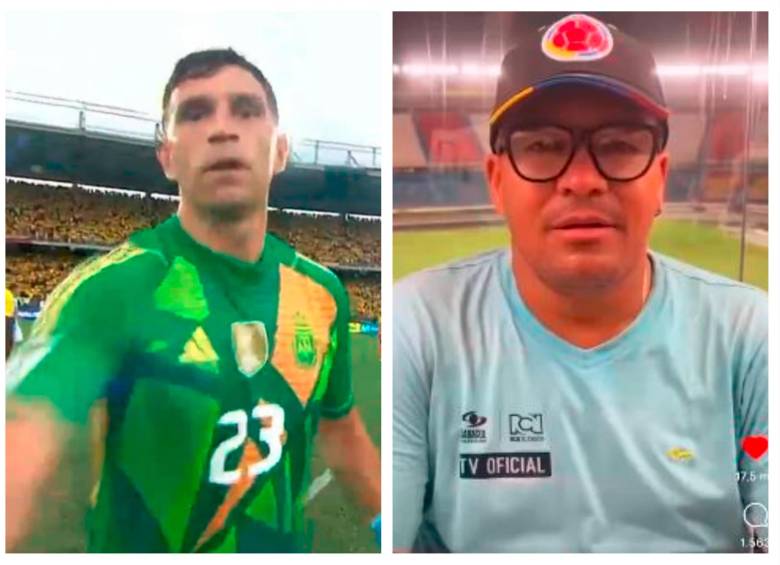 En la imagen aparece el Dibu Martínez al momento de la agresión, y también el camarógrafo enviándole su mensaje. FOTOS: IMÁGENES TOMADAS DE LA TRANSMISIÓN DEL GOL CARACOL Y DE X