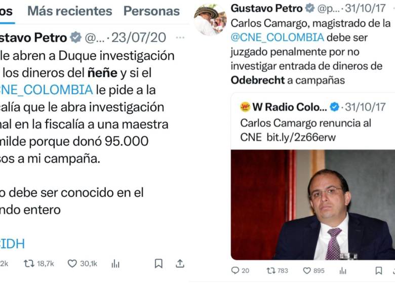 Gustavo Petro solicitaba mediante trinos al Consejo Nacional Electoral que investigara a algunos expresidentes por irregularidades en campañas. Fotos: Capturas de pantalla de X. 