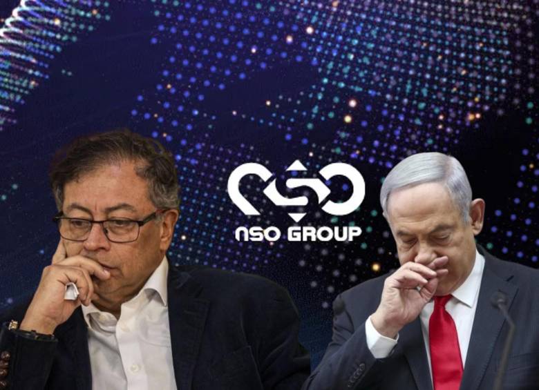 Presidente de Colombia, Gustavo Petro; logo de NSO Group, la empresa señalada por el presidente Gustavo Petro de supuesta venta de ‘software’ Pegasus a la Policía, y el primer ministro israelí Benjamín Netanyahu. Fotos: El Colombiano, cortesía, AFP